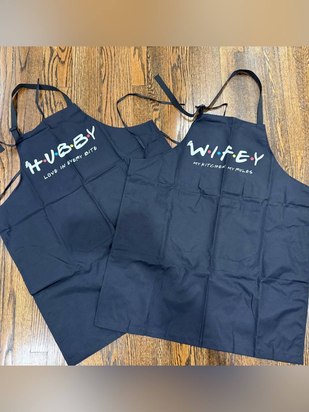 Wifey & Hubby Matching Black Kitchen Aprons